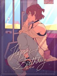 1girl absurdres aijou_karen ankle_strap arm_on_thigh bag black_choker black_sandals black_tank_top blue_sky broken brown_eyes brown_hair choker closed_mouth commentary dated day desert foot_out_of_frame grey_pants hand_on_own_cheek hand_on_own_face handbag happy_birthday highres knee_up light_smile long_sleeves looking_ahead off_shoulder official_alternate_costume one_side_up open_clothes open_shirt pants pants_rolled_up profile sandals sapphi_(sky_dreamsky) shirt short_hair shoujo_kageki_revue_starlight shoulder_bag sitting sky solo tank_top tokyo_tower train_interior white_shirt
