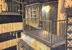 Rule 34 | alley, balcony, chair, city, clothesline, glowing, hatching, hatching (texture), highres, ibsukionsen, linear hatching, monochrome, no humans, open window, original, railing, scenery, sepia, traditional media, window, woven hatching