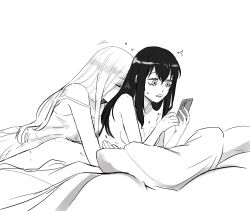 2girls bite_mark bite_mark_on_breast bite_mark_on_shoulder black_hair blush breasts bruise couple highres ichijou_michiru implied_after_sex injury large_breasts long_hair me-gu2 mieruko-chan monochrome multiple_girls nude open_mouth scratches simple_background sweat white_hair wife_and_wife yotsuya_miko yuri