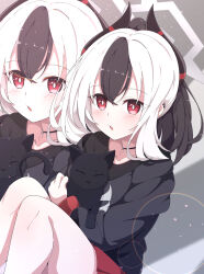 1girl absurdres animal black_cat black_hair black_hoodie blue_archive blush cat commentary demon_girl demon_horns ear_piercing grey_halo halo highres holding holding_animal holding_cat hood hoodie horns kame_(nokonoko10271) kayoko_(blue_archive) knees_up lens_flare open_mouth piercing red_eyes red_skirt sitting skirt white_hair zoom_layer