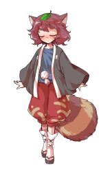 1girl alphes_(style) animal_ears black_kimono black_sandals blue_shirt blush brown_hair closed_eyes closed_mouth commentary_request dairi facing_viewer full_body japanese_clothes kimono large_variant_set leaf leaf_on_head long_sleeves okobo open_clothes open_kimono parody platform_sandals raccoon_ears raccoon_girl raccoon_tail red_shorts sandals shirt short_hair shorts socks solo standing style_parody sweatdrop tabi tachi-e tail tanuki_mob_(touhou) thick_eyebrows touhou transparent_background v-shaped_eyebrows variant_set white_socks wide_sleeves