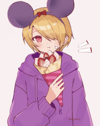 1boy amemiya_shirone animal_ear_headwear animal_ears artist_name blonde_hair bow bowtie crepe drawstring eating fake_animal_ears food fruit hair_over_one_eye highres holding holding_crepe holding_food hood hoodie male_focus mouse_ears original purple_hood red_bow red_bowtie red_eyes simple_background solo strawberry trap upper_body white_background