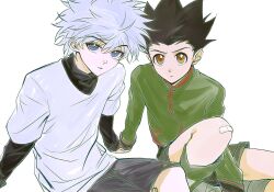 2boys arm_support black_hair black_shirt black_shorts blue_eyes boots brown_eyes closed_mouth crew_neck feet_out_of_frame gelb gon_freecss green_boots green_jacket highres hunter_x_hunter jacket killua_zoldyck layered_clothes layered_sleeves long_sleeves male_focus multiple_boys shirt short_hair short_over_long_sleeves short_sleeves shorts simple_background sitting sleeve_cuffs spiked_hair white_background white_hair white_shirt