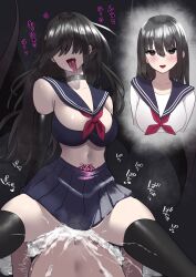 1boy 1girl absurdres before_and_after blue_bra blue_sailor_collar blue_skirt blunt_bangs bra breasts choker collarbone corruption dark_persona demon_girl femdom highres hime_cut large_breasts midriff navel original pleated_skirt pubic_tattoo rape sailor_collar school_uniform serafuku sex skirt tatsunohiroigo3 tattoo tongue tongue_out transformation underwear wings