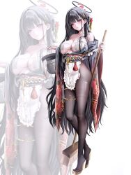 1girl absurdres alternate_costume apron bikini black_hair black_halo black_kimono black_pantyhose blue_archive breasts bright_pupils bucket cleavage expressionless eyepatch_bikini full_body furuming1 gochuumon_wa_usagi_desu_ka? hair_ornament hairclip hairpin halo highres holding holding_brush holding_bucket japanese_clothes kimono large_breasts long_hair off_shoulder open_clothes open_kimono pantyhose red_eyes rio_(blue_archive) sweat swimsuit tachi-e thigh_strap torn_clothes torn_pantyhose very_long_hair waist_apron white_pupils zoom_layer