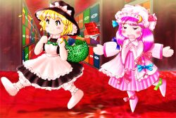 Rule 34 | 2girls, apron, asayuba, black hat, blonde hair, blush, book, bookshelf, brown eyes, collared jacket, commentary request, crescent, crescent hat ornament, dress, eighth note, floating, full body, half-closed eyes, hat, hat ornament, jacket, kirisame marisa, library, long hair, long sleeves, mob cap, multiple girls, musical note, outstretched arms, patchouli knowledge, purple dress, purple eyes, purple hair, sack, shelf, socks, tears, touhou, very long hair, voile, waist apron, walking, white socks, witch hat