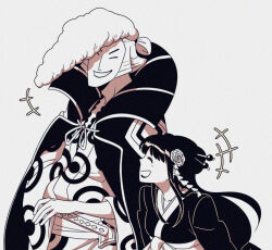 +++ 1boy 1girl ^_^ blunt_bangs closed_eyes cristina_massanell denjirou_(one_piece) greyscale hair_bun hair_ornament japanese_clothes kimono kouzuki_hiyori monochrome obi one_piece pompadour sash sideburns simple_background smile sword upper_body weapon