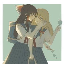 2girls alternate_costume bag blonde_hair blue_bag blue_skirt blush bow braid brown_hair closed_eyes commentary_request contemporary food frilled_bow frills hair_bow hakurei_reimu hat highres holding holding_food holding_popsicle imminent_kiss kirisame_marisa long_hair mati100311 multiple_girls no_headwear open_mouth pleated_skirt popsicle red_bow school_bag school_uniform shirt short_sleeves side_braid single_braid skirt touhou white_shirt yuri