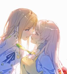 2girls bang_dream! bang_dream!_it&#039;s_mygo!!!!! blue_eyes brown_hair chihaya_anon highres kanato04249580 long_hair multiple_girls nagasaki_soyo pink_hair school_uniform shirt skirt tsukinomori_school_uniform white_background white_shirt yuri