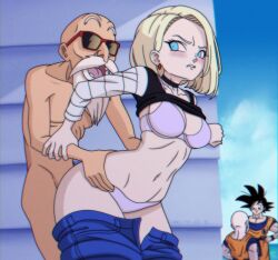 1boy 1girl age_difference aged_up android_18 angry animated animated_gif ass bald blonde_hair blue_eyes blush bouncing_breasts bra breasts cheating_(relationship) clenched_teeth clothed_sex dragon_ball dragonball_z earrings hands_on_another&#039;s_hips highres jewelry kuririn kyde muten_roushi netorare older_man_and_younger_girl outdoors rape sex sex_from_behind son_goku stealth_sex struggling sweat sweatdrop teeth underwear