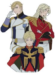 Rule 34 | 3boys, absurdres, basic learning, belt, black belt, black cape, black shirt, blonde hair, blue eyes, buttons, cape, char aznable, closed mouth, cowboy shot, crossed arms, emblem, epaulettes, gloves, green cape, grey belt, gun sling, gundam, gundam tekketsu no orphans, gundam wing, hair between eyes, hand on own hip, hand up, highres, jacket, lapels, long hair, long sleeves, looking at another, looking at viewer, male focus, mandarin collar, mcgillis fareed, military uniform, mobile suit gundam, multiple boys, red jacket, science fiction, shirt, short hair, simple background, smile, standing, star (symbol), star print, teeth, two-sided cape, two-sided fabric, upper body, white background, white belt, white gloves, white jacket, zechs merquise, zeon