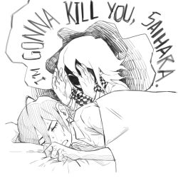 2boys blanket checkered_clothes checkered_scarf closed_eyes collared_shirt danganronpa_(series) danganronpa_v3:_killing_harmony english_text evil_smile greyscale hair_between_eyes hands_up highres male_focus minominoks monochrome multiple_boys oma_kokichi saihara_shuichi scarf shaded_face shirt short_hair sleeping smile sweat under_covers