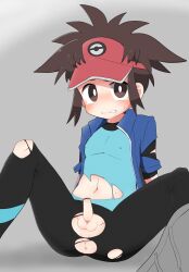 1boy anus bar_censor blush brown_eyes brown_hair censored clenched_teeth embarrassed erection etonoki feet_out_of_frame foreskin grey_background highres looking_at_viewer male_focus nate_(pokemon) nintendo pants penis perineum phimosis pokemon pokemon_bw2 shirt shota solo spread_legs sweat tears teeth testicles torn_clothes torn_pants torn_shirt visor_cap