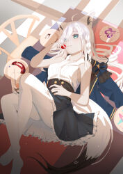 1girl absurdres ahoge animal_ear_fluff animal_ears ascot blue_jacket blue_skirt blush braid breasts commentary_request corset earrings food fox_ears fox_girl fox_tail fruit green_eyes hair_between_eyes highres holding holding_food hololive jacket jewelry knee_up long_hair looking_at_viewer lying on_back on_table pantyhose plate shirakami_fubuki shirakami_fubuki_(aristocrat_kei) shirt sidelocks single_braid skirt sliver_fox small_breasts solo strawberry table tail unworn_jacket virtual_youtuber white_hair white_pantyhose white_shirt