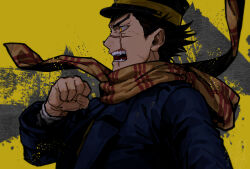 1boy black_coat clenched_hand coat fangs from_side golden_kamuy grmms_otk male_focus open_mouth orange_eyes scar scar_on_face scar_on_nose scarf sharp_teeth shouting solo sugimoto_saichi teeth