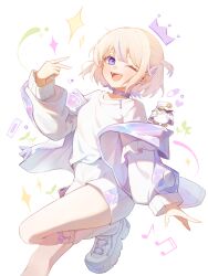 1girl :d absurdres banpen_(todoroki_hajime) beamed_eighth_notes blonde_hair breasts choker commentary eighth_note highres hololive hololive_dev_is iridescent jacket leg_up leg_warmers legwear_garter looking_at_viewer multicolored_hair musical_note off_shoulder one_eye_closed open_mouth platform_shoes purple_choker purple_eyes purple_hair purple_jacket ramube shirt shoes short_hair short_shorts shorts small_breasts smile sneakers solo star_(symbol) streaked_hair teeth todoroki_hajime todoroki_hajime_(1st_costume) two_side_up upper_teeth_only v virtual_youtuber white_background white_jacket white_leg_warmers white_shirt white_shoes white_shorts