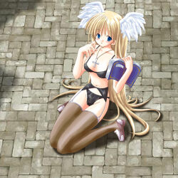 1girl 2000s_(style) alto_seneka bad_id black_bra black_garter_belt black_panties blonde_hair blue_eyes blush book bra breasts brick_floor brown_shoes brown_thighhighs commentary_request cross cross_necklace dress expressionless full_body game_screenshot_background garter_belt head_wings holding holding_book jewelry long_hair looking_at_viewer medium_breasts necklace open_mouth panties priest_(ragnarok_online) ragnarok_online rusty_soul screenshot_background shoes sitting solo thighhighs underwear underwear_only very_long_hair wariza white_wings wings