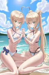 2girls absurdres artoria_caster_(fate) artoria_caster_(swimsuit_berserker)_(fate) artoria_caster_(swimsuit_berserker)_(first_ascension)_(fate) artoria_pendragon_(fate) artoria_pendragon_(swimsuit_archer)_(fate) beach blonde_hair blue_ribbon bracelet breasts closed_mouth cloud cloudy_sky fate/grand_order fate_(series) green_eyes hanaet highres holding jewelry long_hair looking_at_viewer multiple_girls ocean open_mouth ribbon sitting sky small_breasts sun sunlight swimsuit twintails
