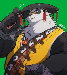 1boy animal_ears bara bell belly black_fur bracelet chinese_commentary claws commentary_request fangs fat furry furry_male green_background hand_on_headwear highres jewelry jingle_bell kurumiken looking_at_viewer male_focus multicolored_fur open_mouth pan_yinhu panda_boy panda_ears pawpads plump round_eyewear shirt signature smile spiked_bracelet spikes white_fur wok yellow_shirt zenless_zone_zero