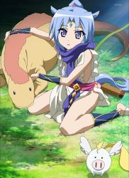 Rule 34 | 10s, 1girl, absurdres, animal, animal ears, anime screenshot, aqua hair, bare legs, barefoot, dog days, female focus, forehead jewel, highres, horse ears, horse girl, horse tail, pig, ponytail, purple eyes, scarf, sharu (dog days), short hair, solo, tabard, tail