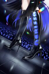 1girl absurdres audience black_boots blue_hair boots commentary concert english_commentary footwear_focus glowstick high_heel_boots high_heels highres hololive hololive_english long_hair luke_s_(artist) nerissa_ravencroft solo stage very_long_hair virtual_youtuber