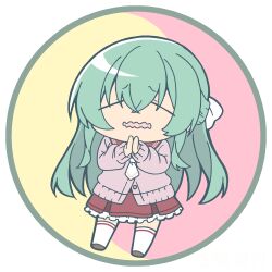 Rule 34 | 1girl, = =, assault lily, border, bow, brown cardigan, brown shoes, buttons, cardigan, chibi, closed eyes, commentary, crossed bangs, facing viewer, frilled skirt, frills, full body, green border, green hair, hair between eyes, hair bow, half updo, hands up, kanba girls high school uniform, long hair, long sleeves, lowres, masaki itsuki, miniskirt, necktie, own hands together, palms together, parted lips, partially unbuttoned, pink background, raised eyebrows, red sailor collar, red skirt, round image, sailor collar, school uniform, serafuku, shoes, short necktie, skirt, solo, standing, thighhighs, toki kureha, transparent background, two-tone background, very long hair, wavy mouth, white bow, white necktie, white thighhighs, yellow background