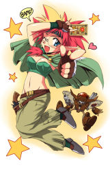 1990s_(style) 1girl blue_eyes breasts fingerless_gloves flx glasses gloves haou_taikei_ryuu_knight heart highres katze looking_at_viewer medium_breasts one_eye_closed open_mouth retro_artstyle round_eyewear smile star_(symbol) wink