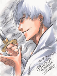 1boy 2024 absurdres bleach close-up closed_eyes closed_mouth commentary copyright_name dated fighting_stance from_side grey_hair hair_between_eyes hands_up highres holding holding_sword holding_weapon ichimaru_gin male_focus monster_art_(rlawnsgr7) profile short_hair signature sketch smile smoke solo sword wakizashi weapon