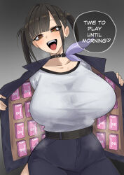 1girl absurdres agito_144p asymmetrical_hair black_hair blush breasts brown_eyes choker condom_box english_text goddess_of_victory:_nikke highres huge_breasts jacket looking_at_viewer open_clothes open_jacket shirt solo sora_(nikke) twintails white_shirt