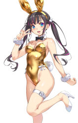 1girl animal_ear_hairband animal_ears bare_legs black_bow black_bowtie black_hair blue_eyes bow bowtie breasts commentary_request detached_collar fake_animal_ears frilled_thigh_strap fur_cuffs gold_leotard hairband highres leotard medium_breasts nagayori original playboy_bunny rabbit_ears rabbit_tail shoes simple_background smile solo standing standing_on_one_leg strapless strapless_leotard tail thigh_strap twintails v white_background white_shoes wrist_cuffs