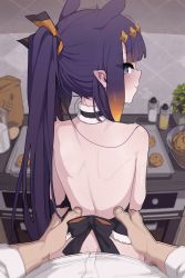 1boy 1girl back bare_back bare_shoulders black_hair blue_eyes choker closed_mouth cookie food gradient_hair hetero highres hololive hololive_english kakure_eria kitchen long_hair looking_at_viewer looking_back mole mole_under_eye motion_lines multicolored_hair ninomae_ina&#039;nis ninomae_ina&#039;nis_(1st_costume) orange_hair pointy_ears ponytail pov pov_crotch pov_hands profile sex smile solo_focus sweat tentacle_hair torso_grab virtual_youtuber