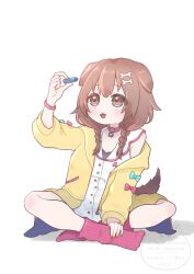 Rule 34 | 1girl, amari (ama shiiiiiiba), animal collar, animal ears, belt collar, blush, bone hair ornament, braid, brown eyes, brown hair, buttons, collar, commentary request, dog ears, dog girl, dog tail, double-parted bangs, dress, feet, full body, hair ornament, hairclip, highres, hololive, indian style, inugami korone, inugami korone (1st costume), jacket, long hair, looking at object, loose socks, low twin braids, low twintails, no shoes, off shoulder, open clothes, open jacket, open mouth, partial commentary, red collar, red socks, short dress, simple background, single bare shoulder, sitting, sleeveless, sleeveless dress, smile, socks, solo, tail, twin braids, twintails, virtual youtuber, white background, white dress, yellow jacket, yubi yubi (inugami korone)
