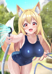1girl absurdres animal_ear_fluff animal_ears blonde_hair blue_one-piece_swimsuit blue_sky breasts cloud day fox_ears fox_girl fox_tail highres holding holding_hose hose hose_nozzle large_breasts long_hair nozzle old_school_swimsuit one-piece_swimsuit original outdoors red_eyes school_swimsuit sky smile solo spraying swimsuit tail uma_(uma_mohumohu)