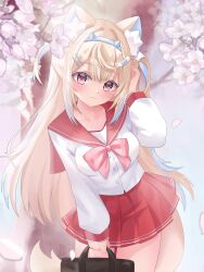 1girl animal_ear_fluff animal_ears astrachan949 blonde_hair blue_hair blue_hairband breasts cherry_blossoms cowboy_shot dog_ears dog_girl dog_tail fuwawa_abyssgard hairband highres hololive hololive_english long_hair medium_breasts miniskirt multicolored_hair pink_eyes pleated_skirt red_skirt shirt skirt solo spiked_hairband spikes streaked_hair tail two-tone_hair virtual_youtuber white_shirt