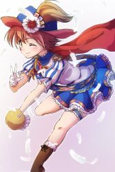 Rule 34 | 1girl, blue skirt, blush, boots, brown boots, cape, closed mouth, falling feathers, feathers, flower, foil (fencing), foot out of frame, frilled skirt, frills, gloves, hat, hat flower, highres, holding, holding sword, holding weapon, hoshizora rin, looking at viewer, love live!, love live! school idol project, one eye closed, orange hair, puffy short sleeves, puffy sleeves, red cape, sen (sen0910), shirt, short hair, short sleeves, skirt, smile, solo, standing, standing on one leg, striped sleeves, sword, thigh strap, weapon, white gloves, white shirt, yellow eyes