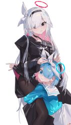 Rule 34 | 2girls, absurdres, arona (blue archive), black choker, black coat, black eyes, black hairband, black pantyhose, black sailor collar, black shirt, blue archive, blue eyes, blue hair, blue halo, blue pupils, blue shirt, bow hairband, choker, closed mouth, coat, colored inner hair, grey hair, hair over one eye, hairband, halo, highres, long hair, long sleeves, looking at viewer, multicolored hair, multiple girls, neckerchief, pantyhose, pink hair, plana (blue archive), red halo, red pupils, sailor collar, sailor shirt, school uniform, sentter, serafuku, shirt, skirt, smile, two-tone hair, white background, white hairband, white neckerchief, white sailor collar, white skirt
