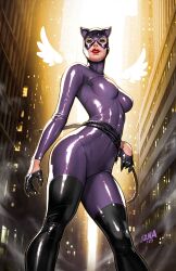 1girl batman_(series) black_boots black_gloves bodysuit boots breasts building catwoman city david_nakayama dc_comics gloves green_eyes highres initial looking_at_viewer medium_breasts purple_bodysuit red_lips selina_kyle skyscraper solo standing thigh_boots
