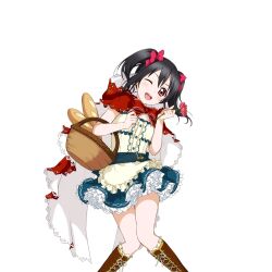 Rule 34 | 1girl, ;d, asymmetrical sidelocks, baguette, basket, black hair, blush, boots, bow, bread, cape, cosplay, elbow carry, fairy tale (love live!), flower, food, frilled boots, frilled skirt, frills, hair bow, holding, holding flower, knee boots, lace-up boots, little red riding hood (fairy tale character), little red riding hood (fairy tale character) (cosplay), looking at viewer, love live!, love live! school idol festival, love live! school idol project, official alternate costume, official art, one eye closed, open mouth, pink bow, pink flower, red cape, red eyes, skirt, smile, solo, third-party source, transparent background, twintails, two-sided cape, two-sided fabric, yazawa nico
