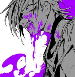 1boy blood earrings eyelashes highres jewelry jojo_no_kimyou_na_bouken male_focus necktie nosebleed pannacotta_fugo purple_blood purple_eyes sketch taranome1139 vento_aureo wide-eyed
