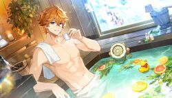 Rule 34 | 1boy, abs, absurdres, ahoge, arm support, bath, blue eyes, bucket, candle, commentary request, cup, food, fruit, genshin impact, hair between eyes, herb, highres, holding, holding cup, lens flare, light particles, looking at viewer, male focus, mortar (bowl), navel, onsen, orange (fruit), orange hair, orange slice, partially submerged, pestle, plus q, rubber duck, ruin guard (genshin impact), second-party source, short hair, smile, solo, stuffed toy, tartaglia (genshin impact), towel, towel around waist, towel on one shoulder, wet, window, wooden bucket, wooden wall
