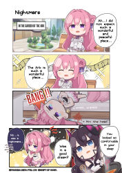 2girls 4koma ^_^ absurdres brown_hair closed_eyes comic commentary crying dorothy_(nikke) dreaming dress english_commentary english_text frilled_dress frills goddess_of_victory:_nikke hair_ornament harran_(nikke) head_bump highres long_hair multiple_girls nightgown official_art pink_hair pink_nightgown purple_eyes sitting sleepwear smile speech_bubble tears totatokeke white_dress
