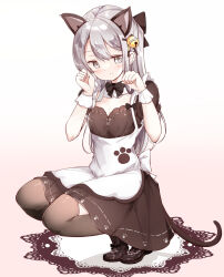 1girl animal_ears apron back_bow bell blush bow bowtie breasts brown_dress brown_thighhighs c: cat_ears cat_girl cat_tail closed_mouth detached_collar dress full_body gradient_background grey_eyes grey_hair hair_bell hair_between_eyes hair_bow hair_ornament hamaken._(novelize) hands_up highres jingle_bell light_blush loafers long_hair looking_to_the_side maid original paw_pose paw_print puffy_short_sleeves puffy_sleeves shoes short_sleeves small_breasts smile solo squatting tail thighhighs white_apron white_background white_bow wrist_cuffs