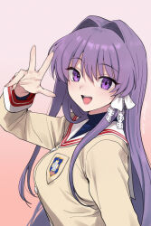 Rule 34 | 1girl, blush, breasts, clannad, fujibayashi kyou, hair intakes, hair ribbon, highres, hikarizaka private high school uniform, kiya hajime, long hair, open mouth, purple eyes, purple hair, ribbon, school uniform, solo