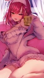 1girl bare_shoulders blush breasts collarbone dress heterochromia highres hololive houshou_marine imazakey large_breasts medium_hair red_eyes red_hair solo virtual_youtuber white_dress yellow_eyes