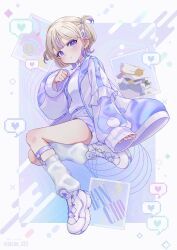 1girl absurdres banpen_(todoroki_hajime) blonde_hair choker clenched_hand heart highres hololive hololive_dev_is jacket leg_warmers piita pixel_heart purple_choker purple_eyes shorts sleeves_past_wrists smile todoroki_hajime twitter_username two_side_up virtual_youtuber white_sneakers