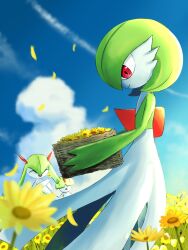 basket blue_sky bob_cut bowl_cut closed_eyes cloud dress flower flower_basket gardevoir gen_3_pokemon green_hair highres horns kirlia nintendo outdoors petals pokemon pokemon_(creature) ralts red_eyes redamber334 sidelocks sky white_dress yellow_flower yellow_petals