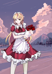 Rule 34 | 1girl, absurdres, apron, blonde hair, dress, dxt, flower, frills, hair ornament, highres, holding, holding flower, long hair, maid, maid headdress, puffy short sleeves, puffy sleeves, red dress, ribbon, rose, short sleeves, smile, snow, solo, touhou, touhou (pc-98), tree, tundra, yellow eyes, yumeko (touhou)