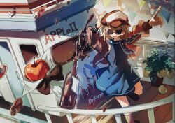 Rule 34 | 1girl, apple, apple (reverse:1999), black bow, black bowtie, blue dress, bow, bowtie, brown hair, cloud, dress, flag, food, foot out of frame, fruit, hands up, hat, jacket, kobayashi keyaki, leg up, newsboy cap, ocean, open mouth, outstretched arm, plant, pointing, polka dot neckerchief, potted plant, railing, red jacket, regulus (reverse:1999), reverse:1999, ship, short dress, short hair, sky, soda bottle, solo, standing, standing on one leg, sunglasses, traditional bowtie, twitter username, watercraft