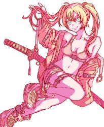 1girl belt blonde_hair boots breasts hashtag-only_commentary highres jacket jewelry looking_at_viewer open_clothes open_jacket original ponzu_jelly ring sheath sheathed short_shorts shorts simple_background smile solo strap streetwear sword tank_top thigh_belt thigh_strap twintails weapon white_background