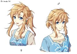 1boy 1girl blonde_hair blue_eyes breasts closed_mouth collarbone cropped_torso dual_persona earrings furofuki_daikon genderswap genderswap_(mtf) jewelry link long_hair looking_at_viewer nintendo open_mouth pointy_ears ponytail simple_background smile the_legend_of_zelda the_legend_of_zelda:_breath_of_the_wild white_background